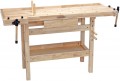 DRAPER 1390 x 490 x 860MM CARPENTERS WORKBENCH �199.00 Sturdy Oak Wood Construction With Lacquered Finish. Has One Drawer, Two Vices With 150mm Capacity. Tool Well On The Worktable And Shelf Under The Bench. Table Top And One Leg Drilled For Use With Supp