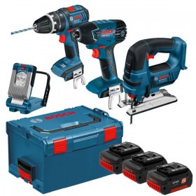 BOSCH L-BOXX 4-KIT 18v 4PCE KIT WITH GSB18V-Li, GDR18V-Li, GST18V-Li, GLI VARILED, 3 x BATTERIES, CHARGER & L-BOXX
