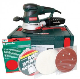 METABO SXE450 TURBO TEC 110V DUO ORBIT 2.8 OR 6.2MM ACTION SANDER & METABOX CASE PLUS ASSORTED ACCESSORIES