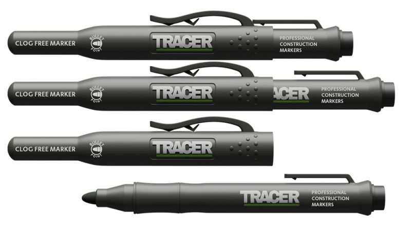 Tracer Clog-Free Construction Marker Kit with Tracer Site Holster (All-Purpose Markers Perfect for Shiny and Dusty surfaces.) - Black, Blue, and Red