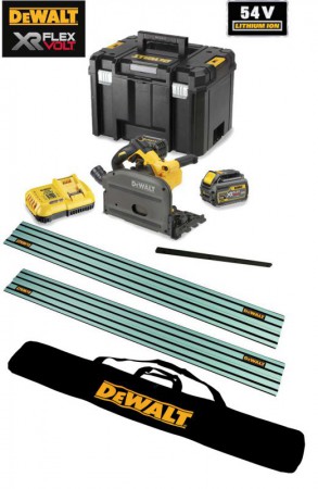 Dewalt DCS520T2 54V XR FLEXVOLT Cordless Plunge Saw - 2 x Batteries, Charger, 2 x 1.5m Rails & Connector + Rail Bag 