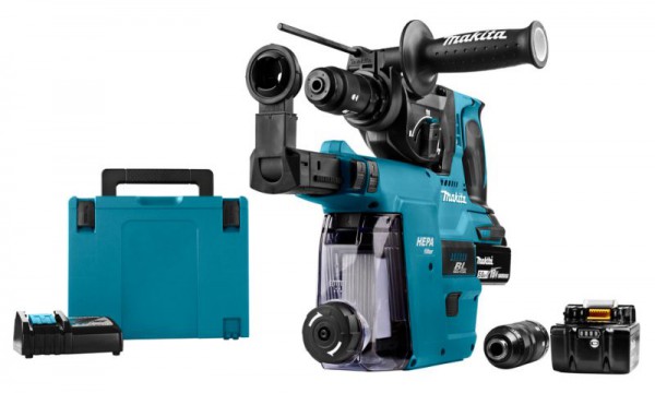 Makita DHR243RTJW 18V LXT Brushless SDS+ Rotary Hammer With 2 x 5.0Ah Batteries, Charger, DX07 Dust Extraction Kit & Mak