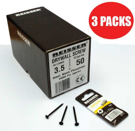 Reisser DWSB35050-8 Dry Wall Black Phosphate Screws 3.5 x 50mm, Box 1000 (3 PACK)