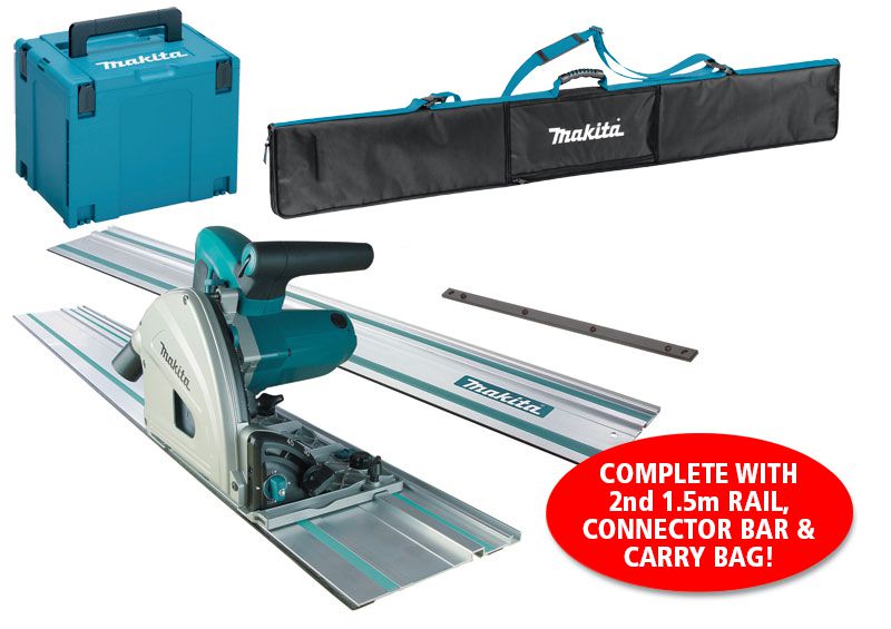 Makita 240v 165mm Plunge Saw, Carry Case With 2 X 1.5m Rails & Connector Bar & Rail Carry Bag, MAKSP6000K1KIT at D&M Tools