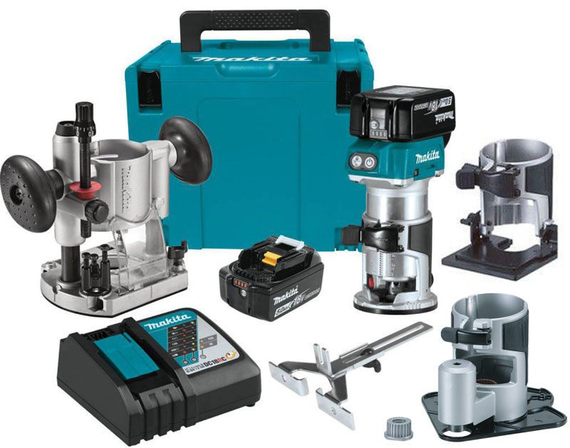 Makita DRT50ZJX3 18V LXT Brushless Compact Router Kit 2 x 5.0Ah Batteries & Charger, at D&M Tools